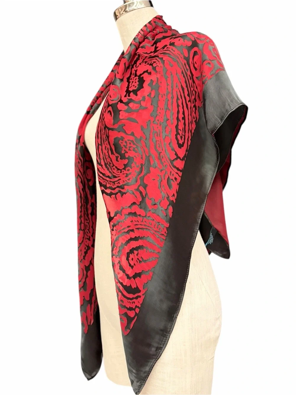 Cynthia Rowley Silk Rayon Burnout Velvet Scarf Red Black Paisley Goth Witchy